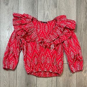 Zara Eyelet Red Patterned Blouse with Ruffles woman size small